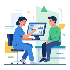 Fototapeta premium Doctor consulting patient, healthcare consultation, medical data analysis on computer screen, flat vector illustration.