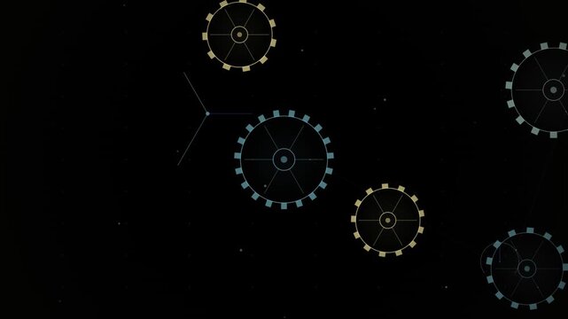Geometric wheels float across a dark space with connecting lines between them
