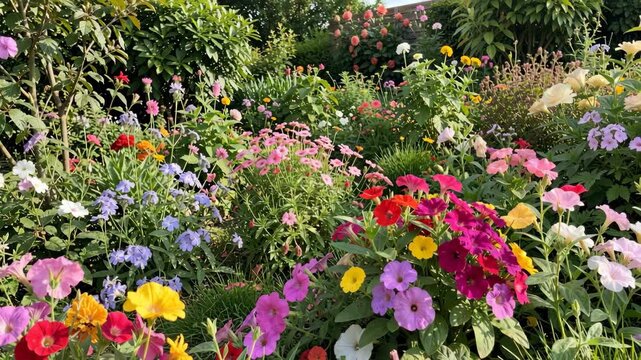 Brightly colored flower garden with a variety of flowers in bloom