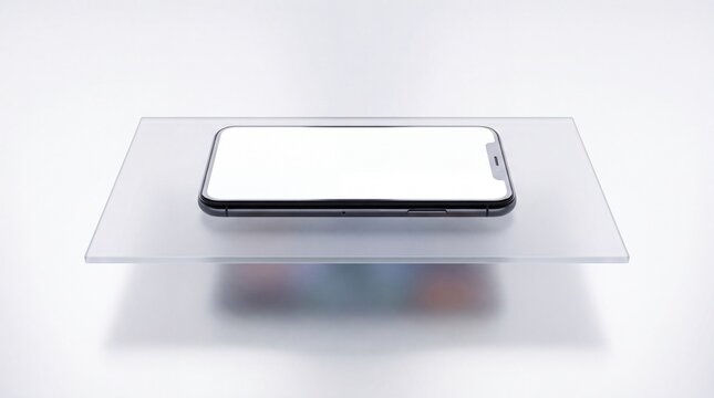 Minimalist top view of smart phone with blank screen resting on translucent frosted glass