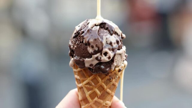 A person holding an ice cream cone with rich chocolate ice cream and chocolate chips