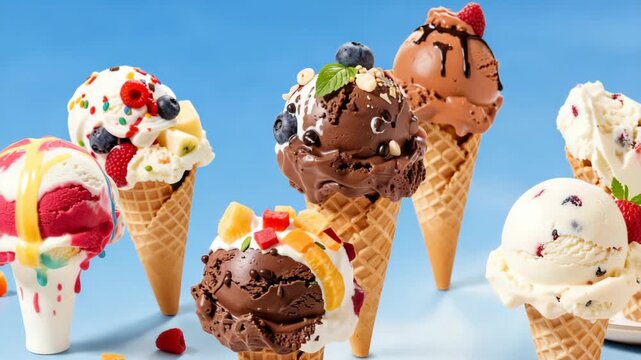 A delightful display of various ice cream cones with different flavors and toppings against a vibrant blue background.