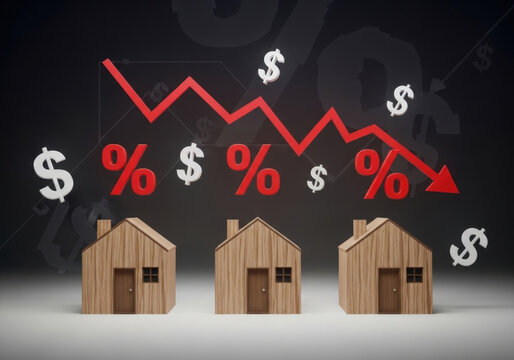 Conceptual illustration showing wooden toy houses with falling red graph trend line and dollar signs representing real estate market crash crisis.