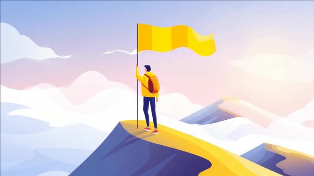 A digital of a lone hiker standing atop a rocky mountain peak holding a yellow flag.
