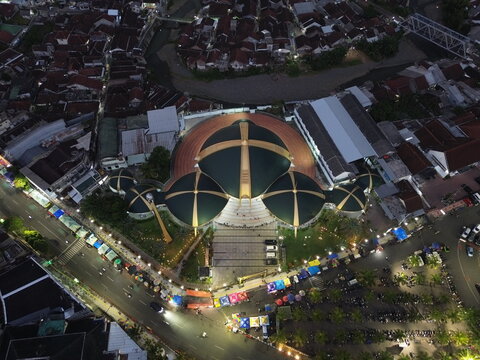 Aerial Night View of Al Baitul Amien Mosque in Jember, Jawa Timur