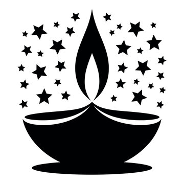 Traditional Indian diya oil lamp silhouette with sparkling stars for Diwali festival celebration icon