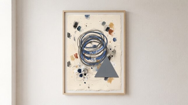 Minimalist abstract art print with charcoal circles and geometric triangle in floating wooden frame abstract minimalism charcoal geometric triangle contemporary illustration interior textured