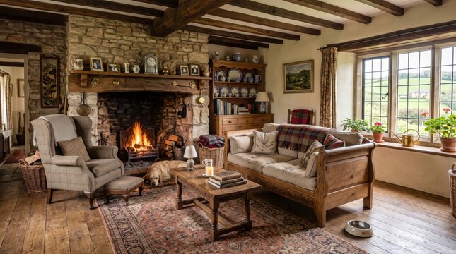Cozy rustic living room with fireplace. Traditional cottage interior with warm home decor.
