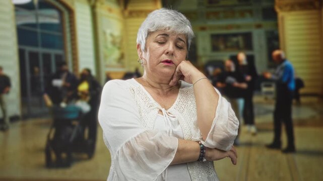 Woman touching cheek with hand and folded arm while waiting in airport terminal concourse; weary reflection.