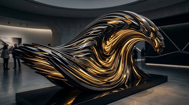 Installation piece representing a golden ocean wave sits within a brightly lit contemporary museum hallway.