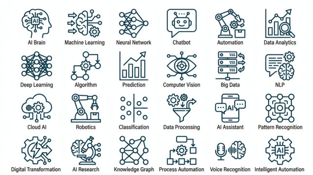 Vector icons representing artificial intelligence concepts and technologies for digital transformation