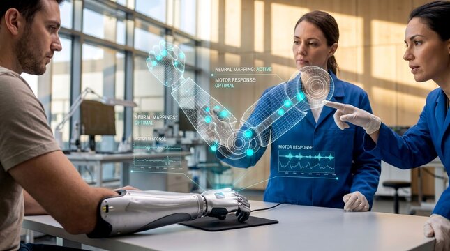 Futuristic bionic arm development, scientists analyzing robotic prosthetic limb with holographic interface, advanced medical engineering and biotechnology