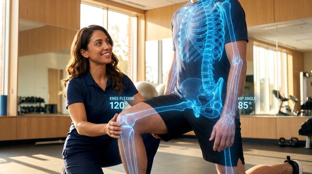 Futuristic physical therapy with digital skeleton overlay, orthopedic specialist examining patient knee flexion, medical technology in sports rehabilitation