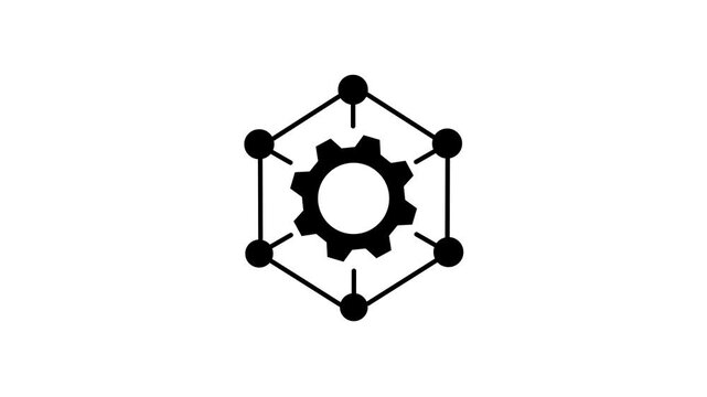 Animated black gear network icon loop on white background, hexagonal node connection technology graphic element