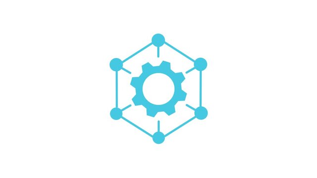 Animated blue gear network icon loop on white background, hexagonal node connection technology graphic element
