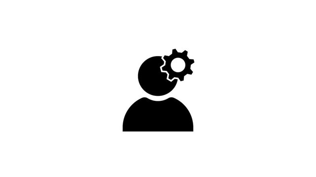 Animated black human head with spinning gears icon loop on white background, thinking process mind automation graphic element