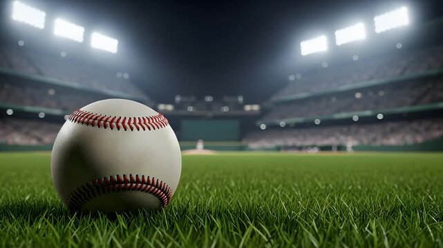 A close up of a baseball rests on the green grass of a stadium field at night under bright stadium lights with spectators in the background
