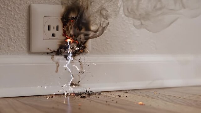 Intense Electrical Short Circuit with Bright Sparks and Smoke Erupting from Wall Socket