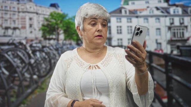 Woman holding smartphone and gesturing with hand on a bridge lined city street with parked bicycles and buildings; surprise connection.