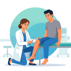 Obraz premium Doctor examining patient's knee reflex with a reflex hammer in a medical clinic setting