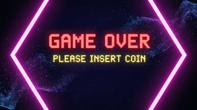 Retro arcade game over screen with neon hexagon frame