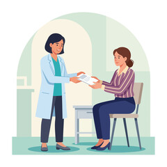 Obraz premium Doctor hands medical document to patient in consultation room, flat vector illustration