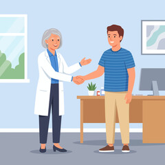 Fototapeta premium Doctor Shaking Hands with Patient in Clinic Office, Flat Design
