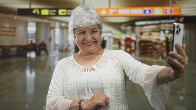 Senior woman with grey hair holding smartphone for selfie, hand with bracelet visible, smiling while checking screen in airport terminal; happiness connection.