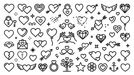 Fototapeta premium Set of Hand Drawn Heart Icons for Valentine's Day, Love and Romance Graphic Elements in Minimalist Line Art Style