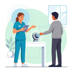 Fototapeta premium Healthcare professional scanning patient ID card with biometric scanner for access control and patient management