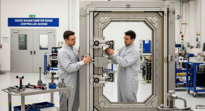Fabrication technicians assembling tightsealing shield doors for SQUID magnetometer rooms prioritizing airtight and electromagnetic isolation.