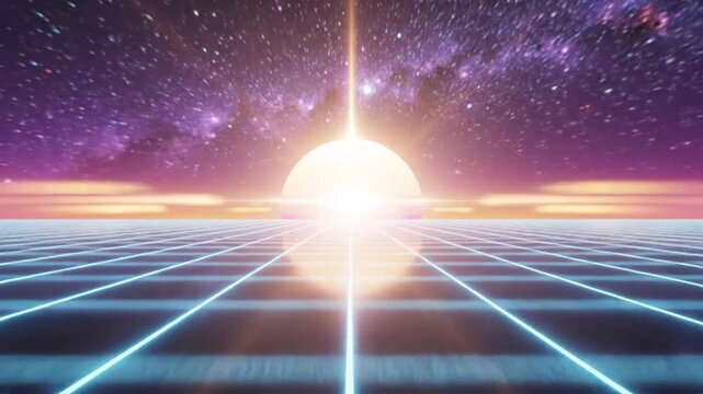 Retro synthwave landscape with neon grid and starry sky