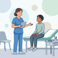 Fototapeta premium Nurse Consulting Patient with Tablet in Medical Exam Room - Flat Vector Illustration