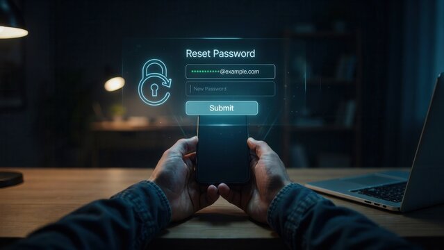 Digital reset password interface displayed as a glowing blue hologram above a mobile smartphone held by hands in dark office environment