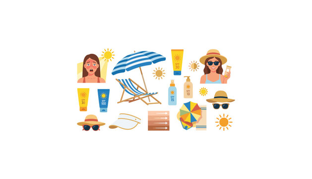 Sun protection vector set with sunscreen cream bottles beach umbrella deck chair sunburn woman and summer skincare flat elements