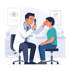 Fototapeta premium Ophthalmologist examining a patient's eye with an ophthalmoscope in a modern clinic, vector illustration.