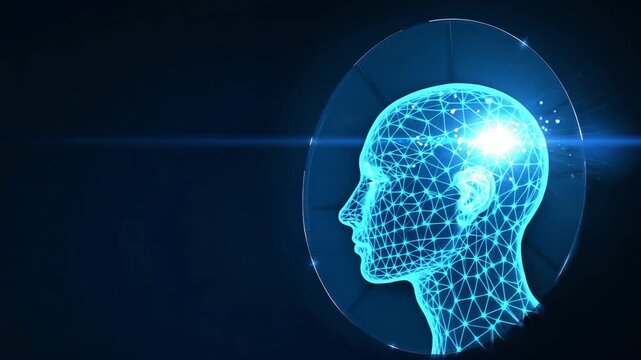 Blue light pulses inside a digital human head. Neural connections glow around the silhouette. Futuristic concept merges mind and technology. Deep blue background enhances digital aura