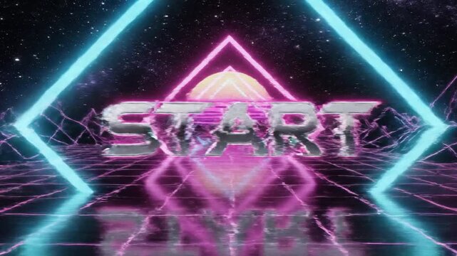 Retro synthwave start screen with neon grid and stars