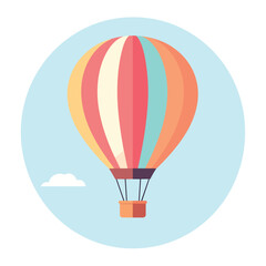 Obraz premium Vibrant Striped Hot Air Balloon Flying in Blue Sky Flat Design Vector Icon for Travel and Recreation