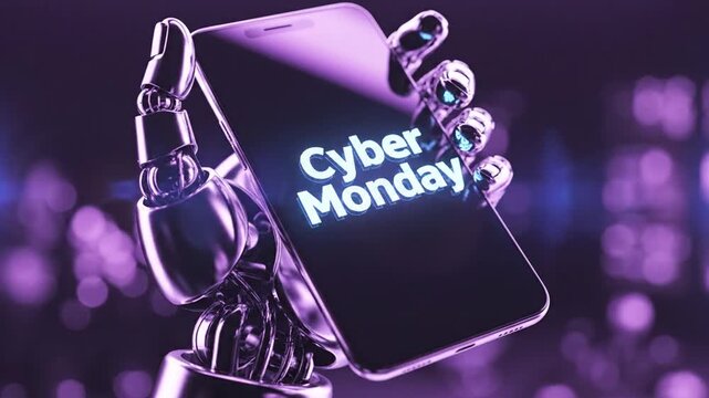 Robot hands holding smartphone with Cyber Monday text