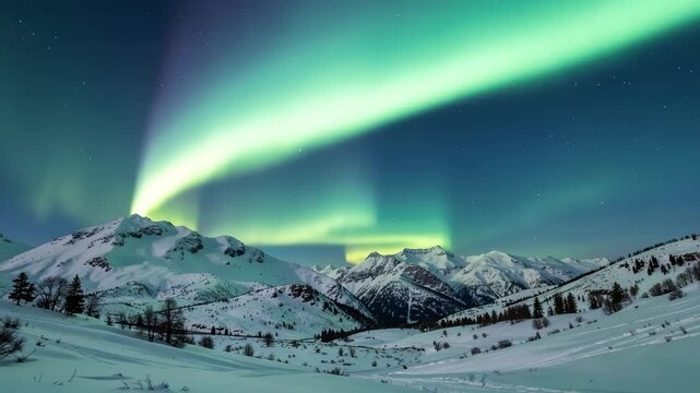 Luminous green aurora borealis above snow-covered mountain range under dark night sky with twinkling stars.