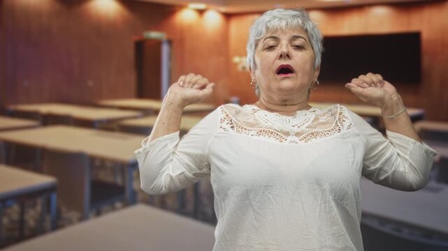 Woman senior grey hair with hands raised, stretching and yawning in a building classroom with rows of desks and a wall screen; relief.
