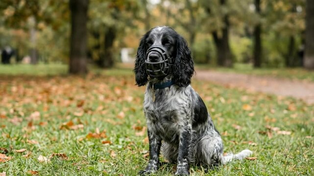 A dog sitting in the grass at a park during autumn.