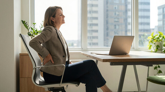 Woman experiencing back pain while sitting at her office desk with a laptop