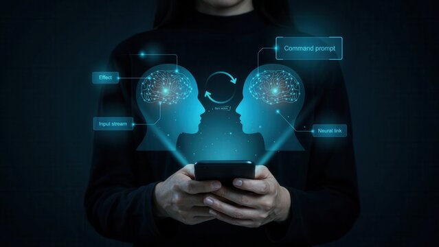 Glowing digital brain icons floating above smartphone screen representing artificial intelligence connection and human machine neural interface data synchronization technology concept