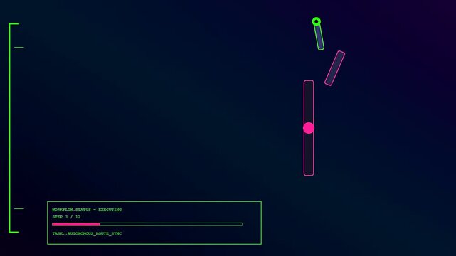 An autonomous workflow status bar displayed on screen with abstract geometric shapes rotating in a dark digital space showing iterative steps and task completion progress