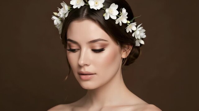 A young lady wearing a floral wreath. Close-up of the person's face and shoulders against a blurred background. The conveys a sense of elegance and serenity.