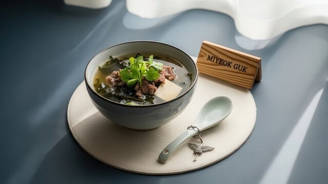 Traditional Miyeok Guk (Korean Seaweed Soup with Beef) in ceramic bowl on a hanji mat with traditional accents and ocean-gray negative space.