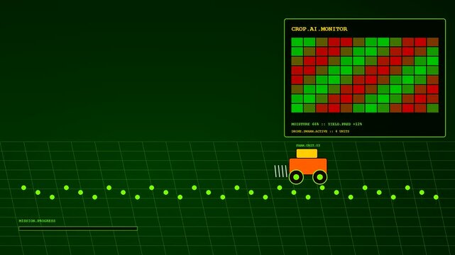An automated drone unit performs autonomous workflow monitoring across a digital farm field displayed on a dark green screen with loading status bars moving