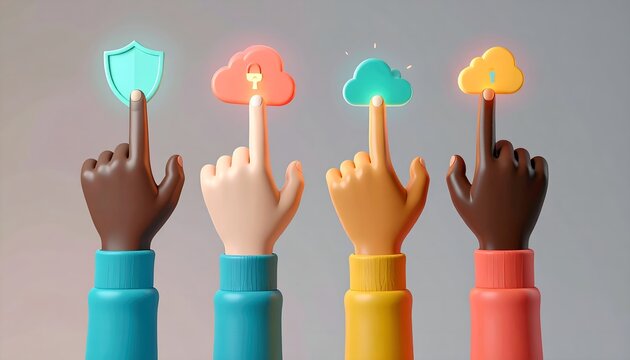Multiracial hands pointing towards futuristic 3D cloud computing icons with integrated security symbols for safe digital transformation, virtual data management, and secure web hosting.